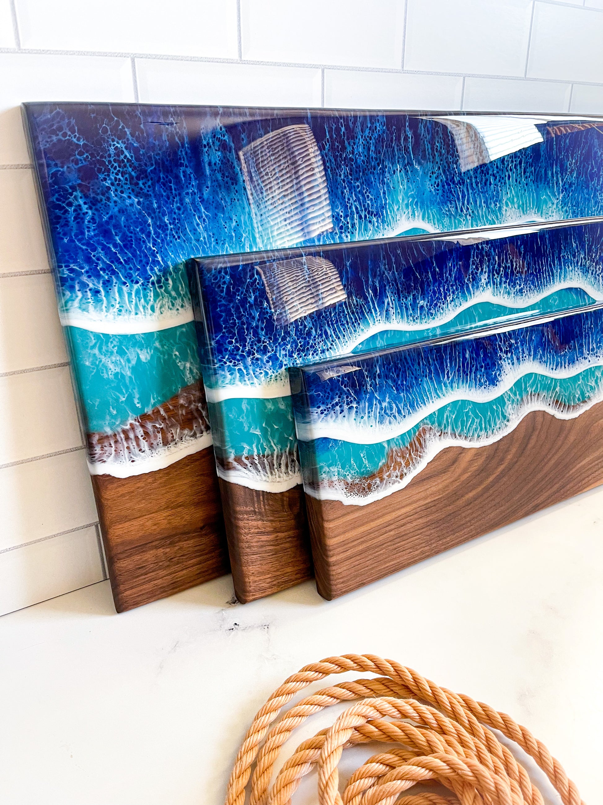 Walnut Wood Cutting Board with Resin Ocean Realistic Blue Wave Art